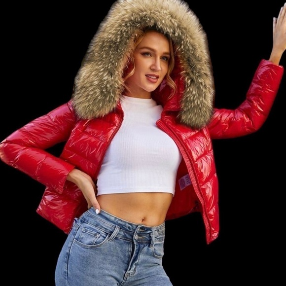ZIAI Wet Look Red Puffer Hooded Jacket w/ Detachable Faux Fur Trim - Picture 3 of 16